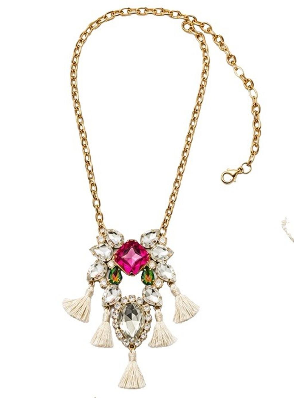 HENRI BENDEL CRYSTAL RHINESTONE TASSEL STATEMENT NECKLACE PINK GREEN GOLD
